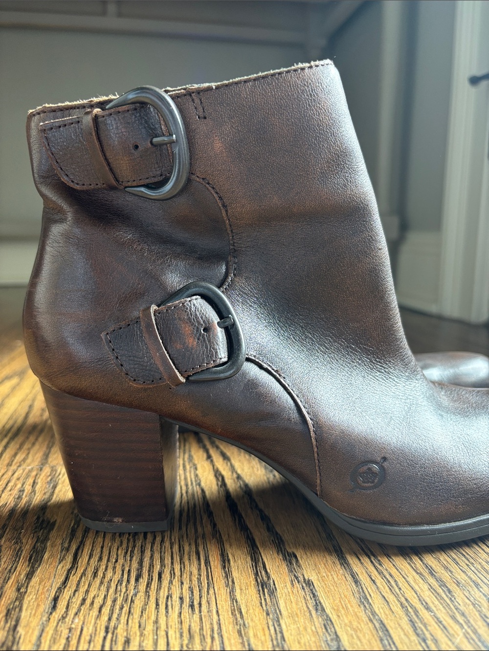 Women's Brown Leather Buckle Ankle Booties